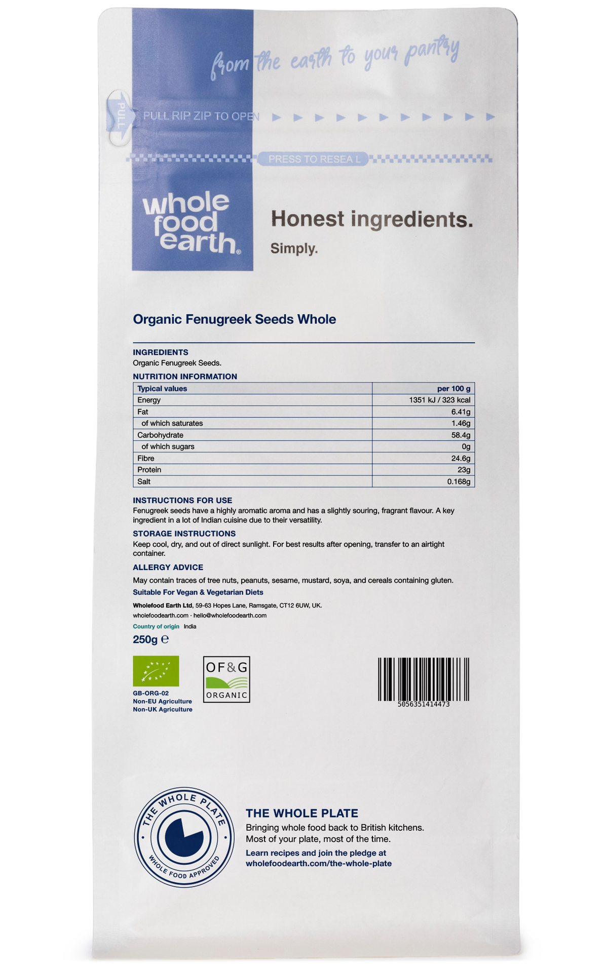 Organic fenugreek seeds from Whole Food Earth, whole herbs and spices, shown from the back in a 3D view.