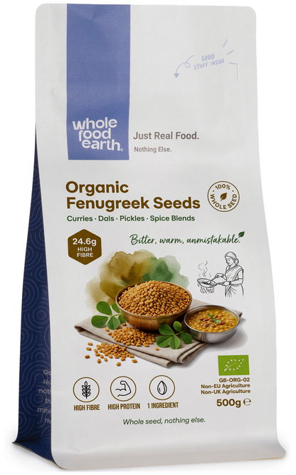 Whole Organic Fenugreek Seeds from Whole Food Earth, displaying small golden-brown herbs used in cooking and spice blends.
