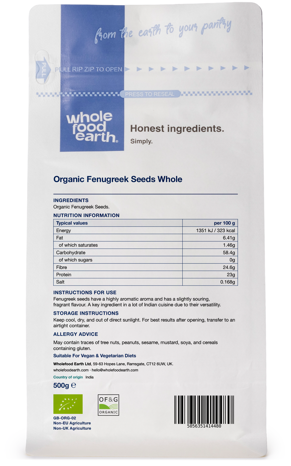 Whole Food Earth organic fenugreek seeds in a transparent jar, showing small, golden-brown whole herbs for cooking and spice use.