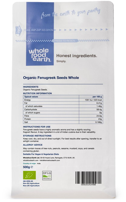 Whole Food Earth organic fenugreek seeds in a transparent jar, showing small, golden-brown whole herbs for cooking and spice use.
