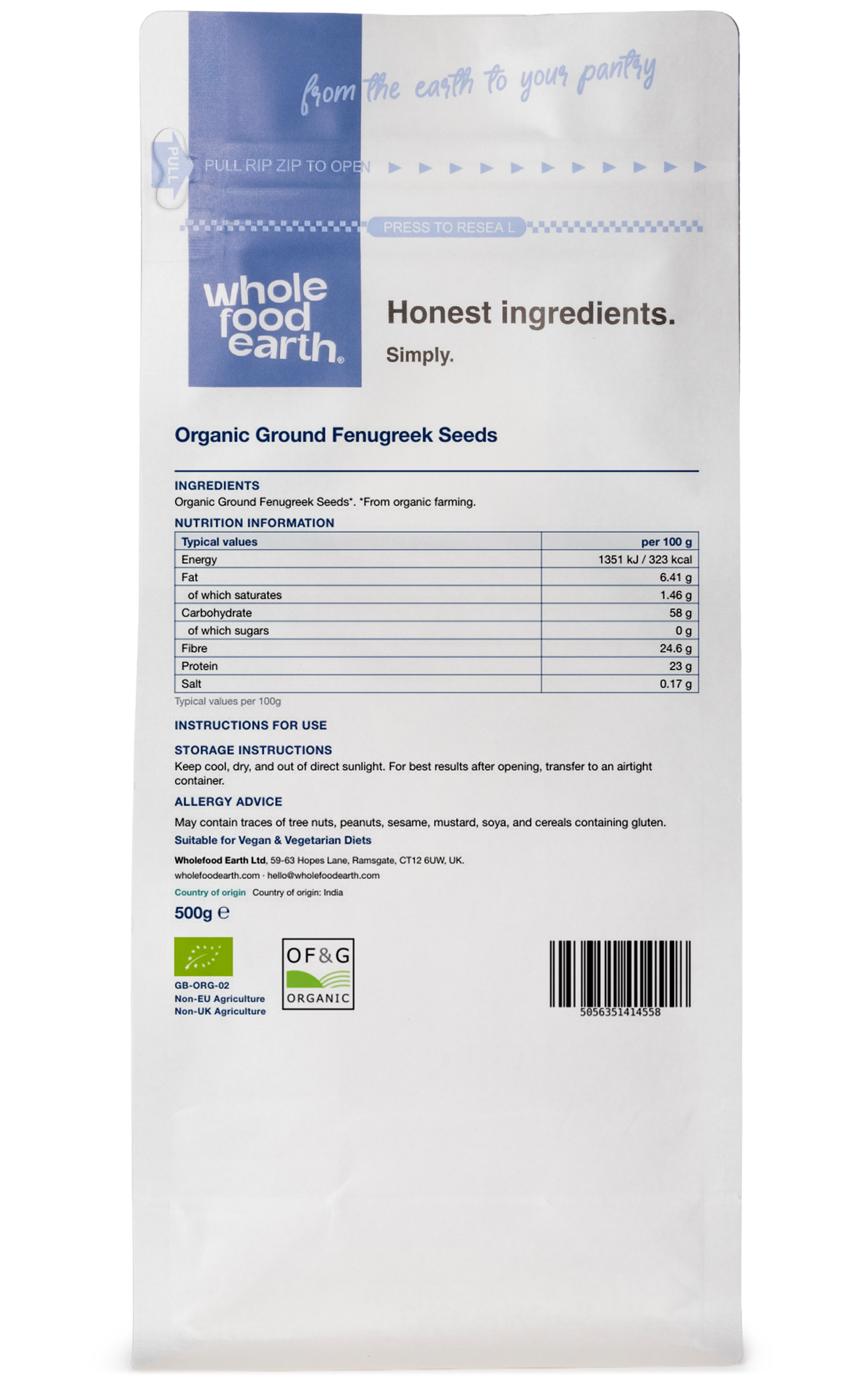 Organic ground fenugreek seeds from Whole Food Earth, a natural herb and spice used in cooking and herbal remedies.