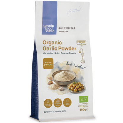 Organic garlic powder from Whole Food Earth, a fine herb and spice with granulated garlic in a clear container.