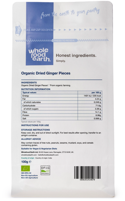 Organic ginger root cut pieces from Whole Food Earth, fresh herbal spice in small chunks, suitable for cooking and health remedies.