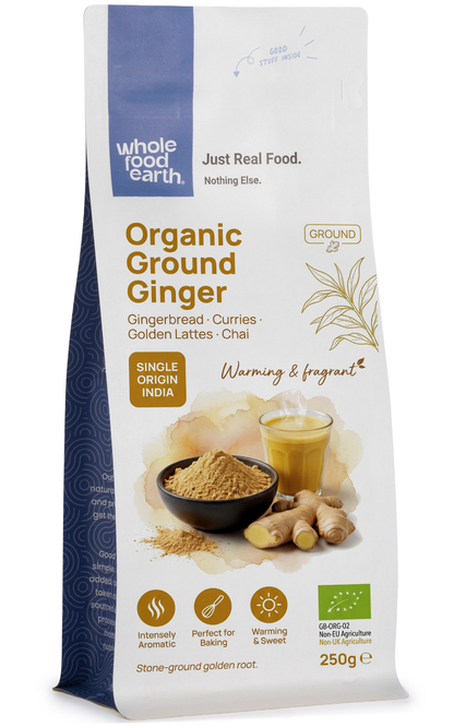 Organic ground ginger from Whole Food Earth, a fine spice in a jar, showcasing fresh, aromatic ground ginger for cooking and baking.