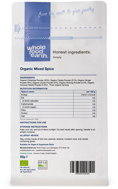 Organic mixed spice blend from Whole Food Earth, featuring a variety of herbs and spices in a clear container.