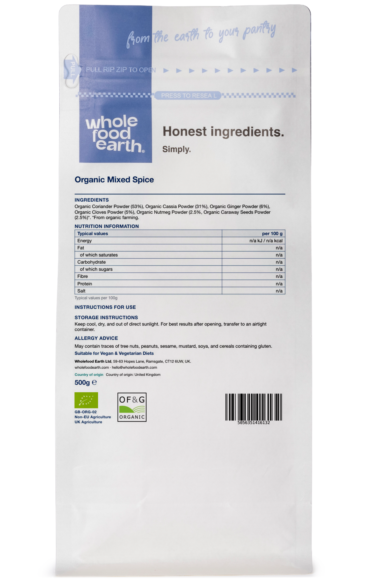 Organic mixed spice blend from Whole Food Earth, featuring a variety of herbs and spices in a 3D back view.