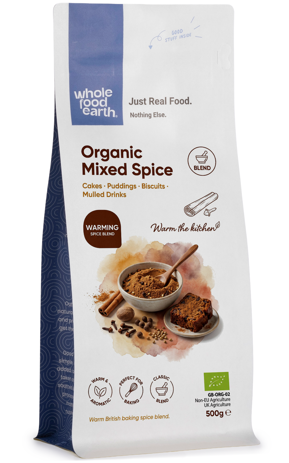 Organic mixed spice blend from Whole Food Earth, featuring a colorful mix of herbs and spices in a glass jar.
