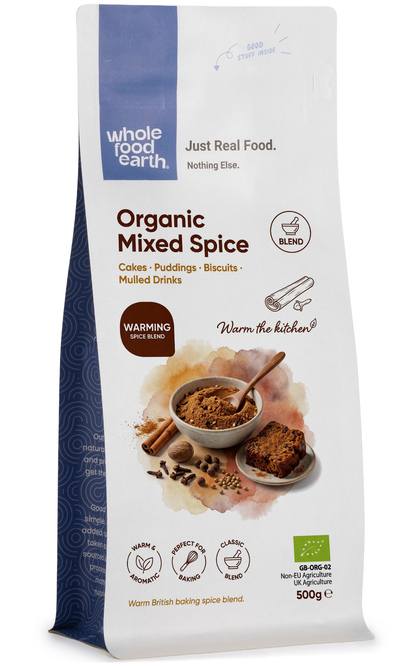 Organic mixed spice blend from Whole Food Earth, featuring a colorful mix of herbs and spices in a glass jar.