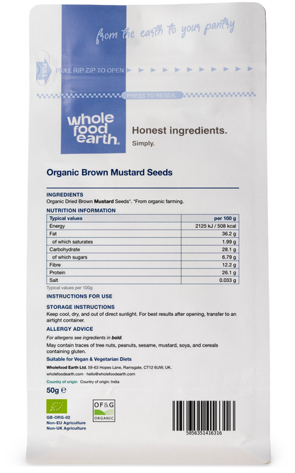 Organic brown mustard seeds in a clear glass jar, part of Whole Food Earth herbs and spices collection, with a 3D back view.