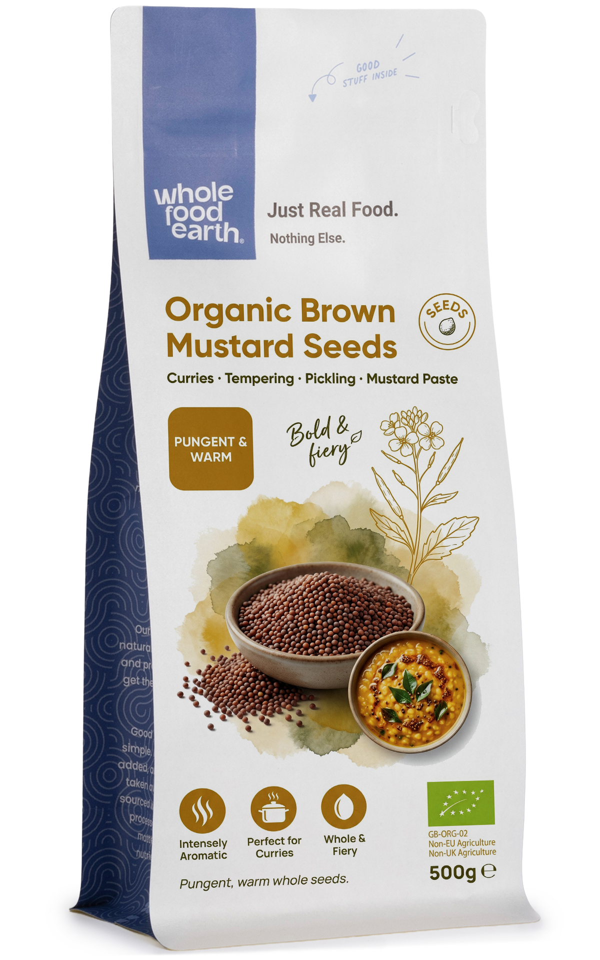 Organic brown mustard seeds from Whole Food Earth, close-up of small round seeds in a clear glass jar, herbs and spices collection.