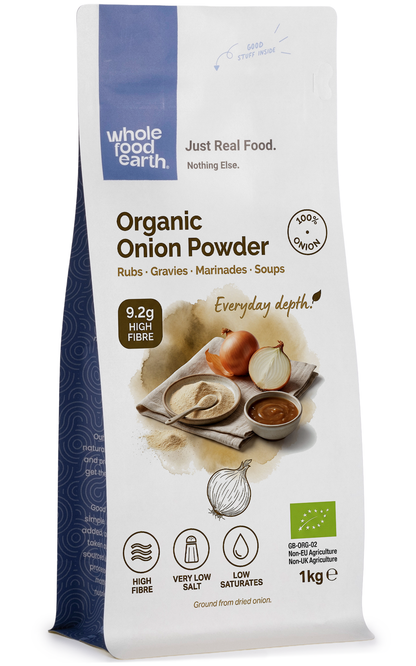 Organic onion powder from Whole Food Earth, a fine herb and spice used for cooking and flavoring dishes.