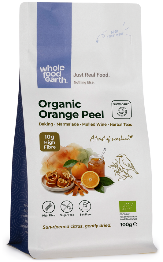 Dried organic orange peel slices from Whole Food Earth, herbs and spices for cooking and baking.
