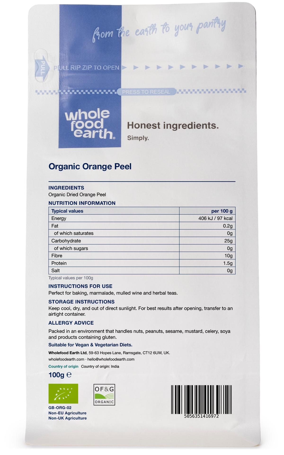 3D back view of Whole Food Earth organic orange peel herb and spice package, showcasing the label and product packaging.