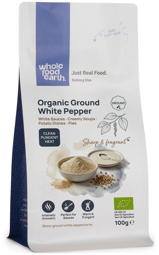 Organic ground white pepper from Whole Food Earth, a fine herb and spice with white pepper powder in a clear container.