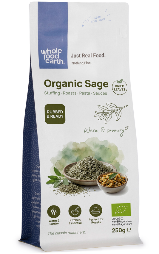 Organic sage herb from Whole Food Earth, fresh green leaves for cooking or herbal remedies.