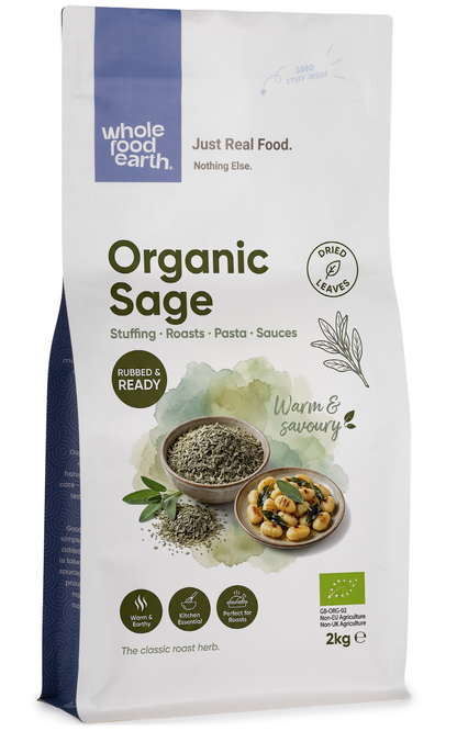 Dried organic sage herbs from Whole Food Earth with green leaves and woody stems in a clear jar.