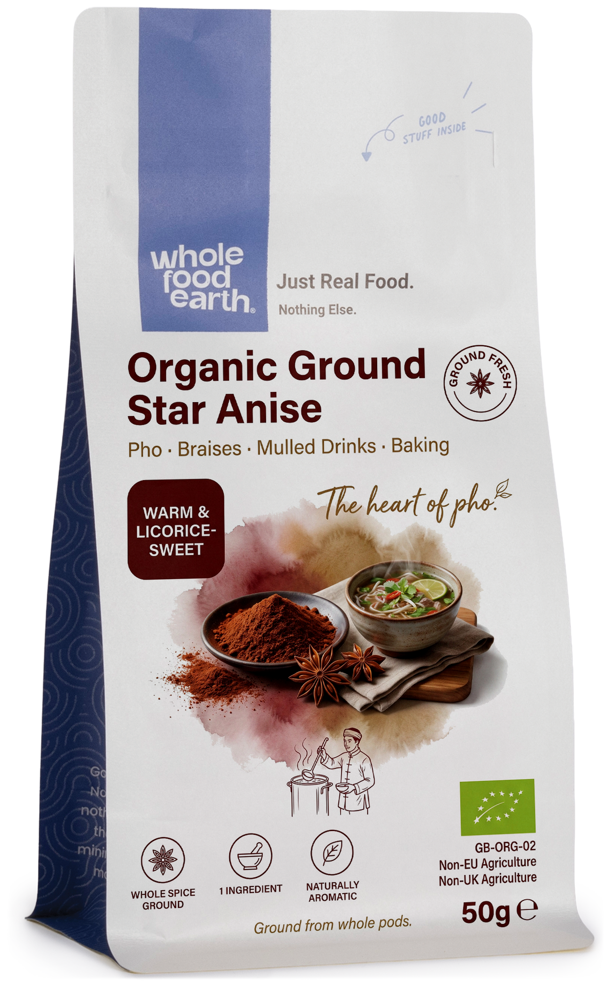 Organic ground star anise spice from Whole Food Earth, shown in a clear image highlighting its fine, aromatic powder form.