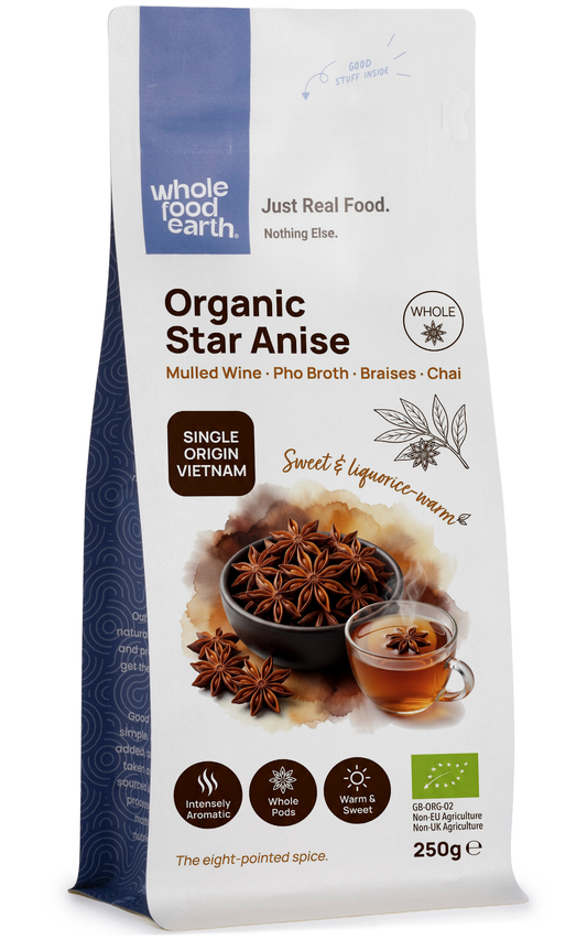 Whole Food Earth organic star anise spice in a jar, showing the star-shaped dried spice pods for herbs and spices.
