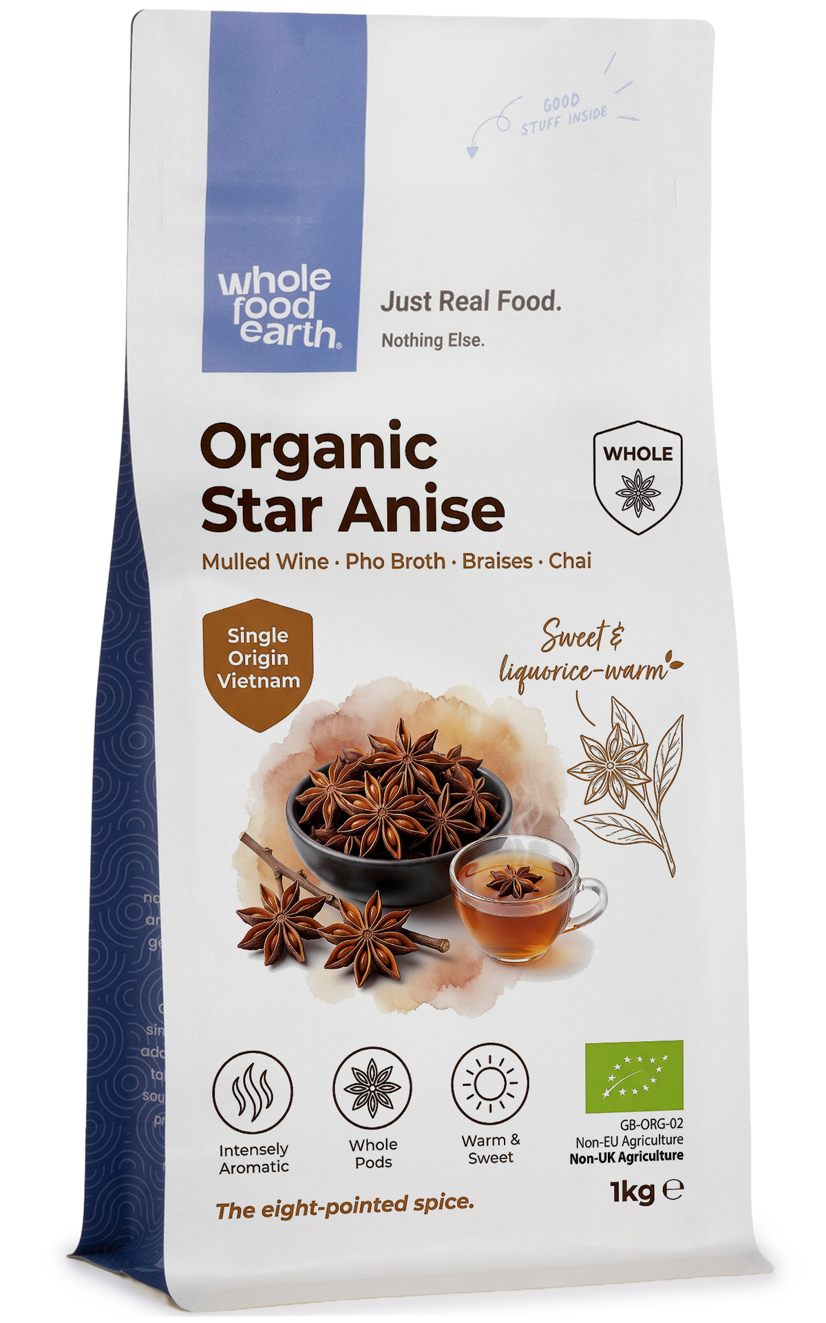 Whole Food Earth organic star anise in a jar, showing whole star-shaped spice used in herbs and spices cooking.
