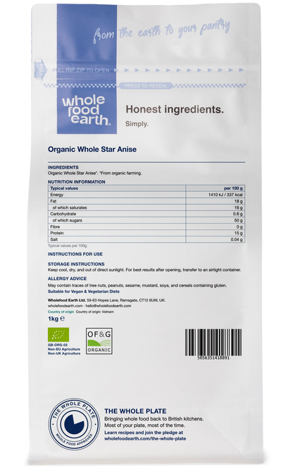 Organic star anise spice in a clear container, showing star-shaped brown pods, from Whole Food Earth Herbs & Spices collection.