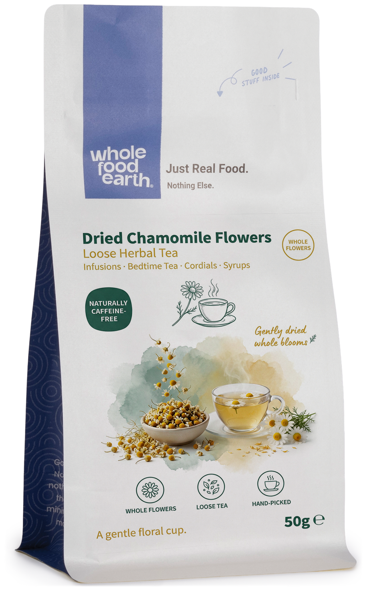 Dried chamomile flowers from Whole Food Earth, loose herbal tea herbs with yellow blooms and green stems, for brewing and tea making.