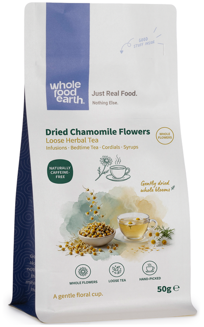 Dried chamomile flowers from Whole Food Earth, loose herbal tea herbs with yellow blooms and green stems, for brewing and tea making.