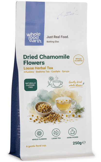 Dried chamomile flowers from Whole Food Earth, loose herbal tea herbs with small yellow and white blossoms, natural and aromatic.