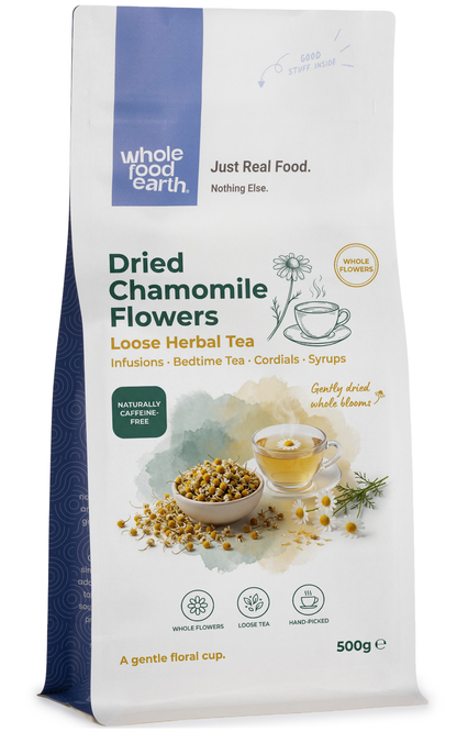 Dried chamomile flowers for herbal tea, loose chamomile herbs from Whole Food Earth, aromatic and natural herb for soothing infusions.