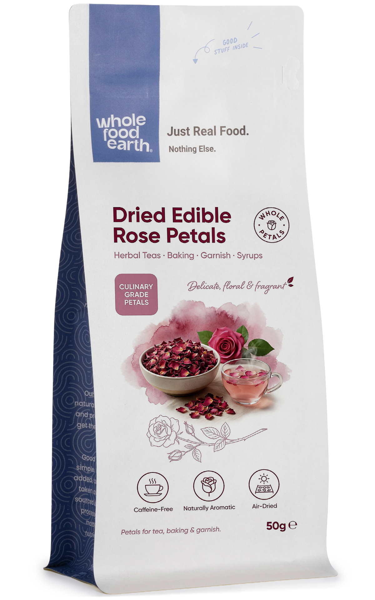 Dried edible rose petals from Whole Food Earth, herbal spice, vibrant pink blossoms for culinary and decorative use