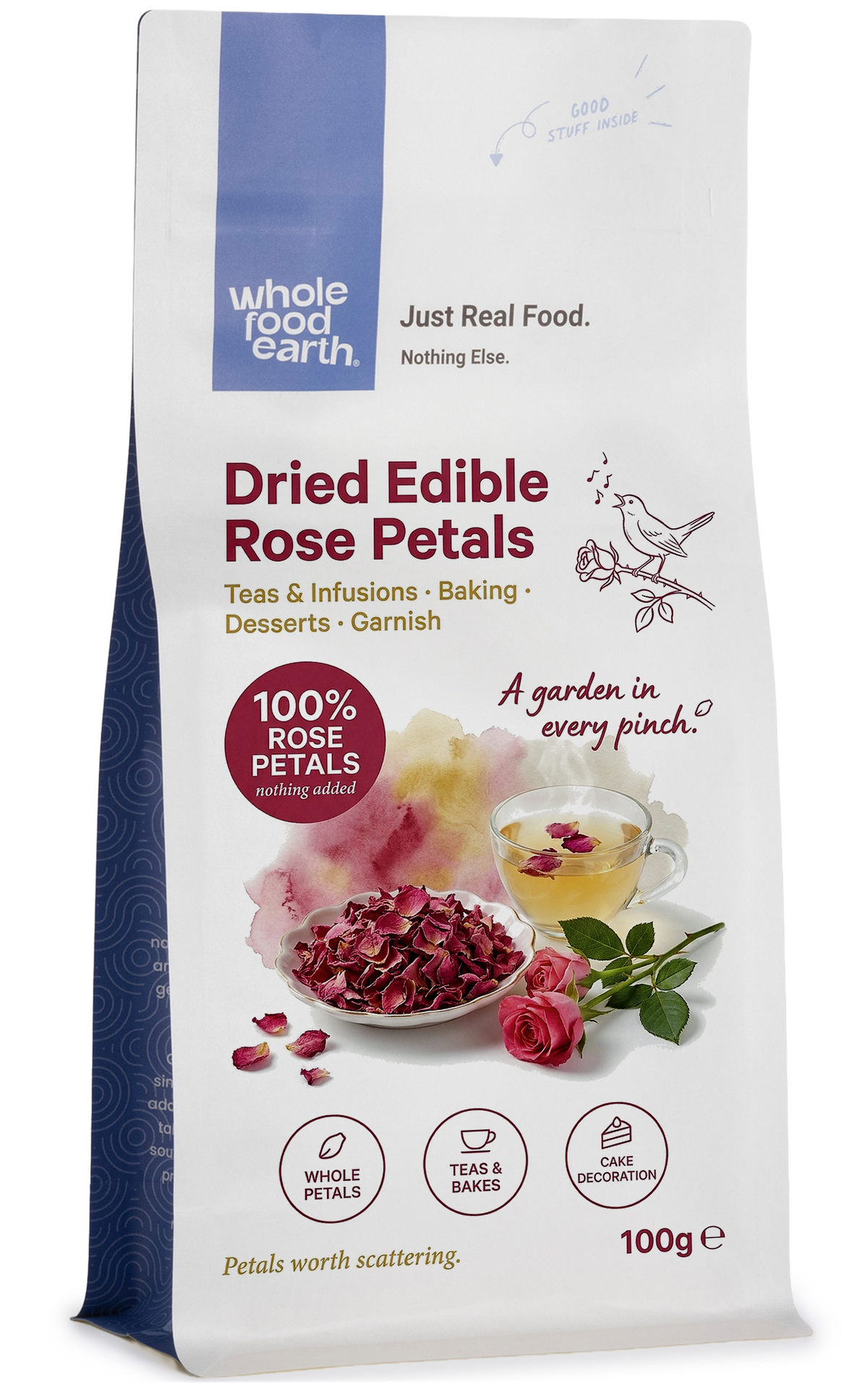 Dried edible rose petals from Whole Food Earth, herbal spice with vibrant pink and red petals, suitable for culinary and tea use.