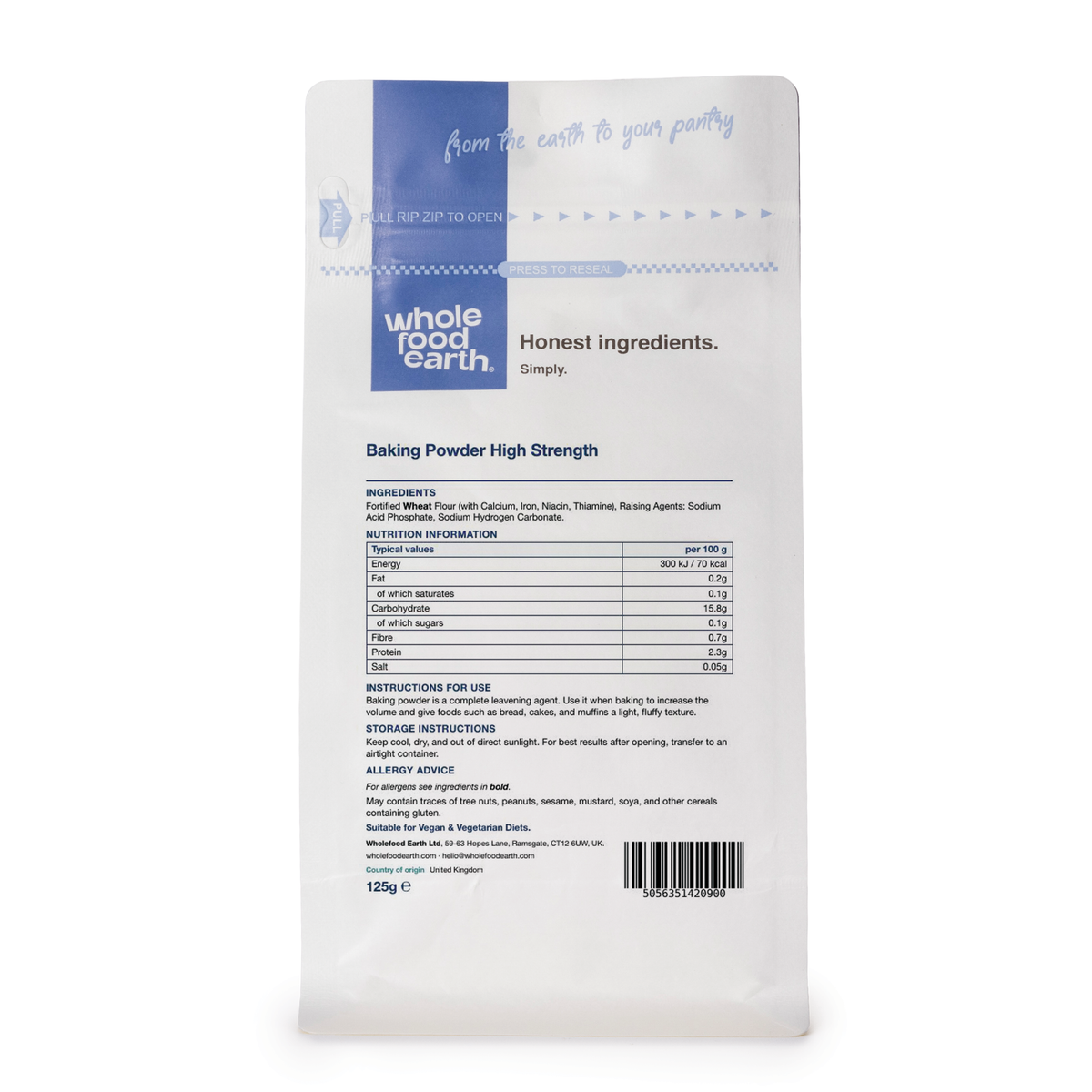 Back view of Whole Food Earth high strength baking powder mineral salt container showing the label and packaging design.