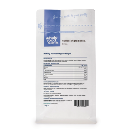 Back view of Whole Food Earth high strength baking powder mineral salt container showing the label and packaging design.