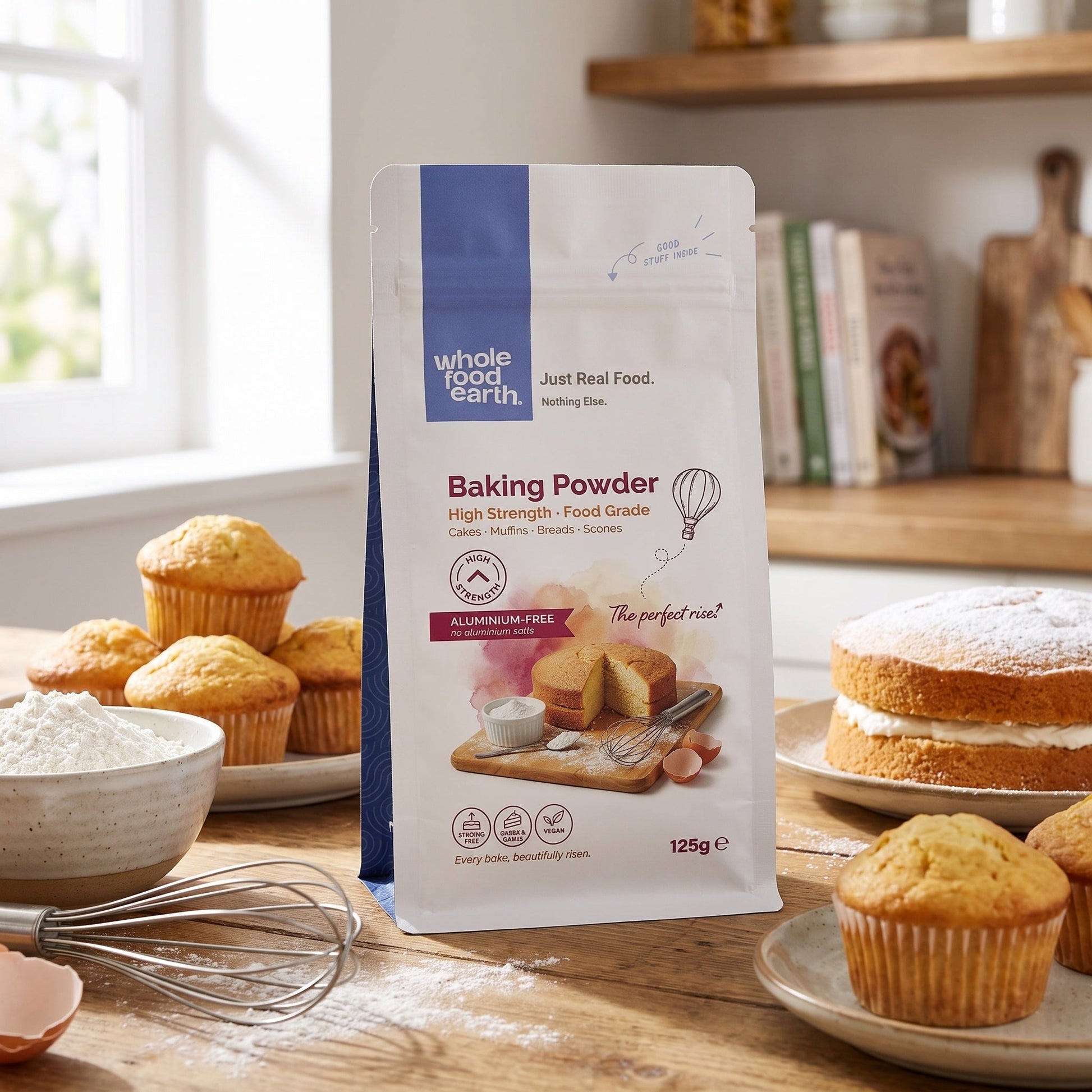 High strength baking powder from Whole Food Earth, mineral and salt blend, shown in a natural, close-up image.