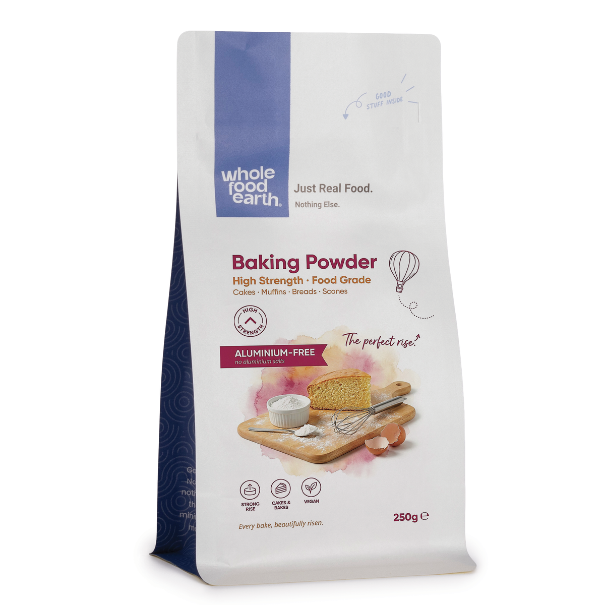 Whole Food Earth high-strength baking powder mineral supplement in a 3D illustration, highlighting its mineral and salt composition.