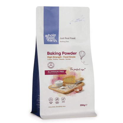 Whole Food Earth high-strength baking powder mineral supplement in a 3D illustration, highlighting its mineral and salt composition.