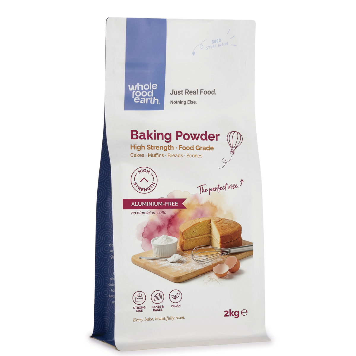 Whole Food Earth high strength baking powder, mineral and salt supplement, shown in 3D image with white and silver packaging.