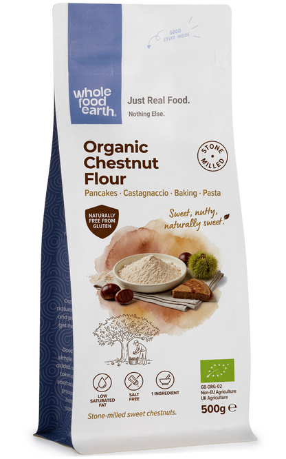 Organic chestnut flour from Whole Food Earth, finely ground flour made from roasted chestnuts, ideal for baking and gluten-free recipes.