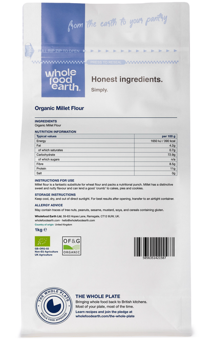 Organic millet flour bag from Whole Food Earth, showing a 3D back view of the packaging with label details.