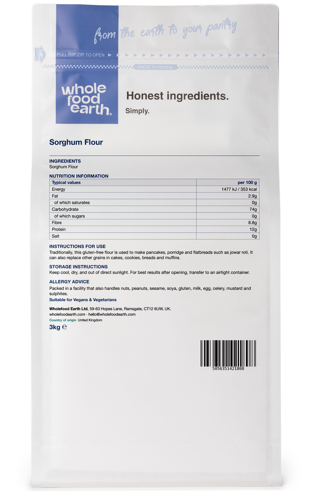 Whole Food Earth sorghum flour package, 3D back view showing product details in a resealable bag.