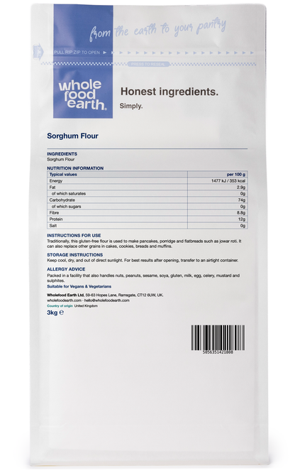 Whole Food Earth sorghum flour package, 3D back view showing product details in a resealable bag.