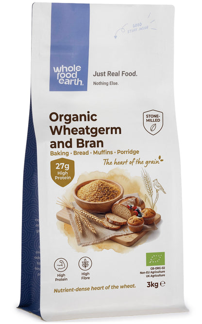 Organic wheatgerm from Whole Food Earth, showing a close-up of fresh wheatgerm in a clear container.