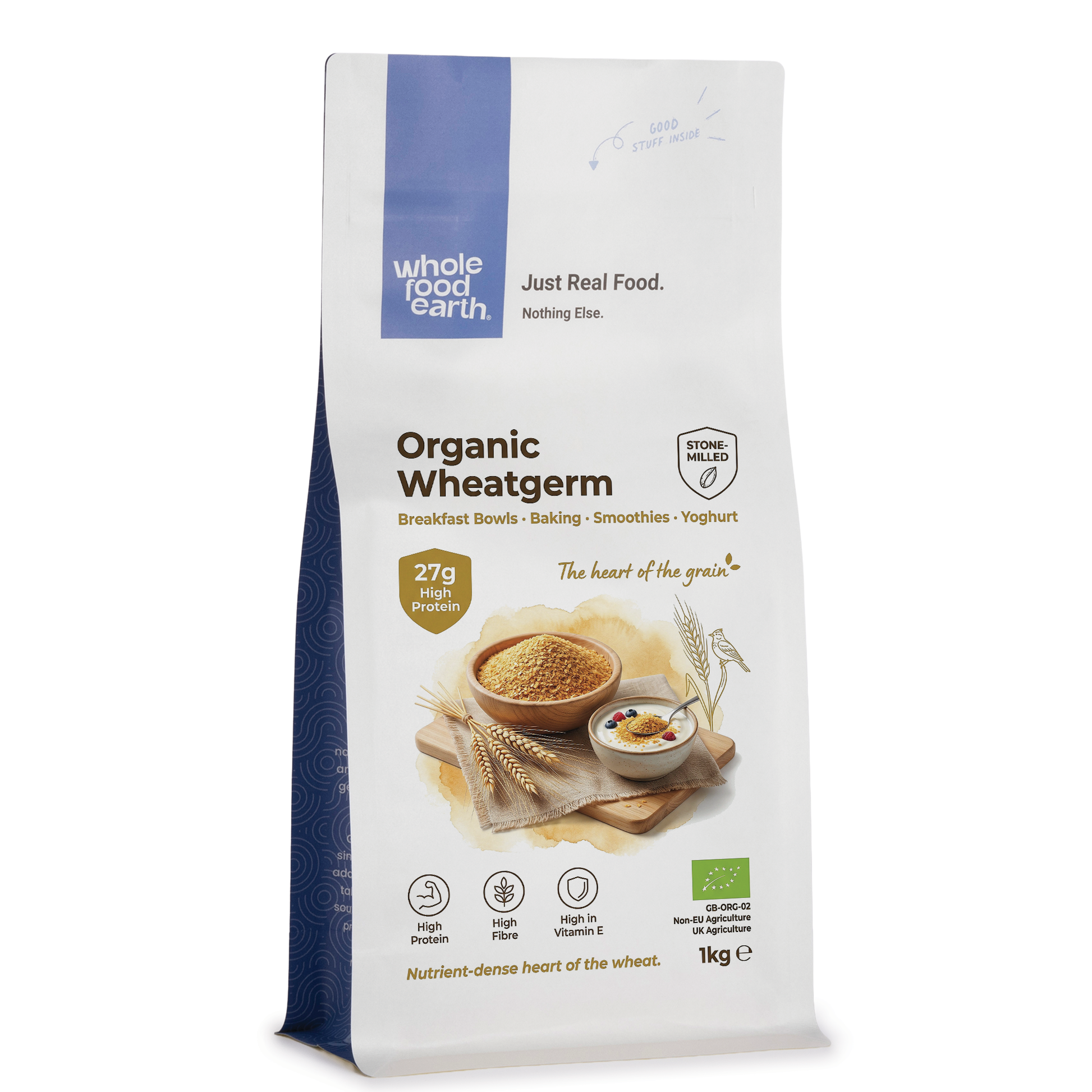 Organic Whole Food Earth wheatgerm in a container, showing the natural, golden wheatgerm with a textured surface.
