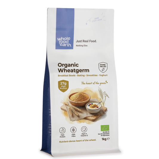 Organic Whole Food Earth wheatgerm in a container, showing the natural, golden wheatgerm with a textured surface.