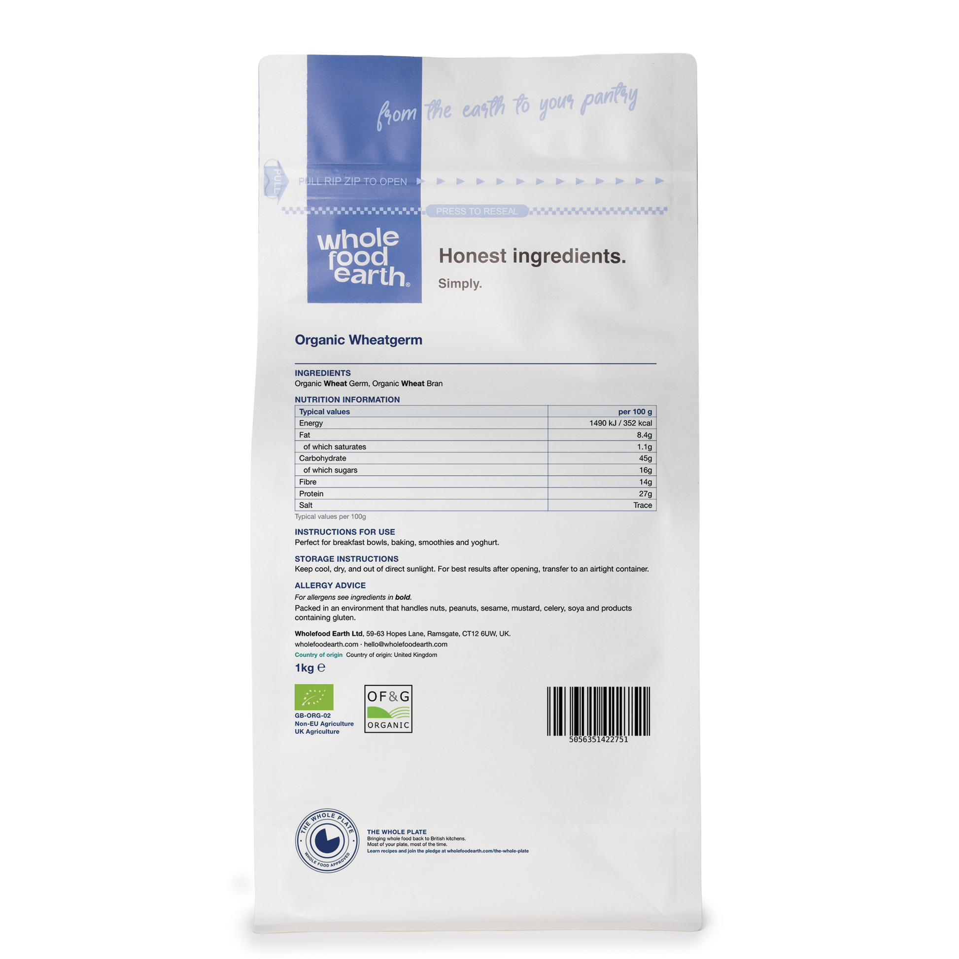 Back view of Whole Food Earth Organic Wheatgerm in a clear container showing the golden wheatgerm granules.