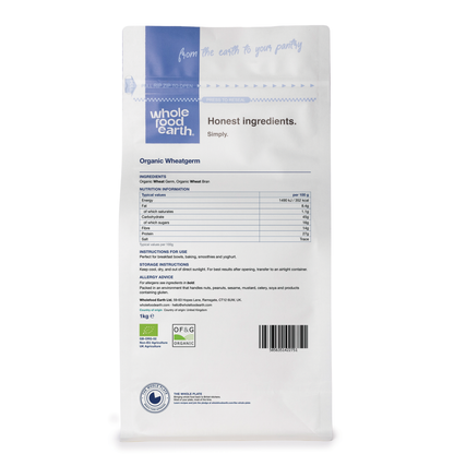 Back view of Whole Food Earth Organic Wheatgerm in a clear container showing the golden wheatgerm granules.