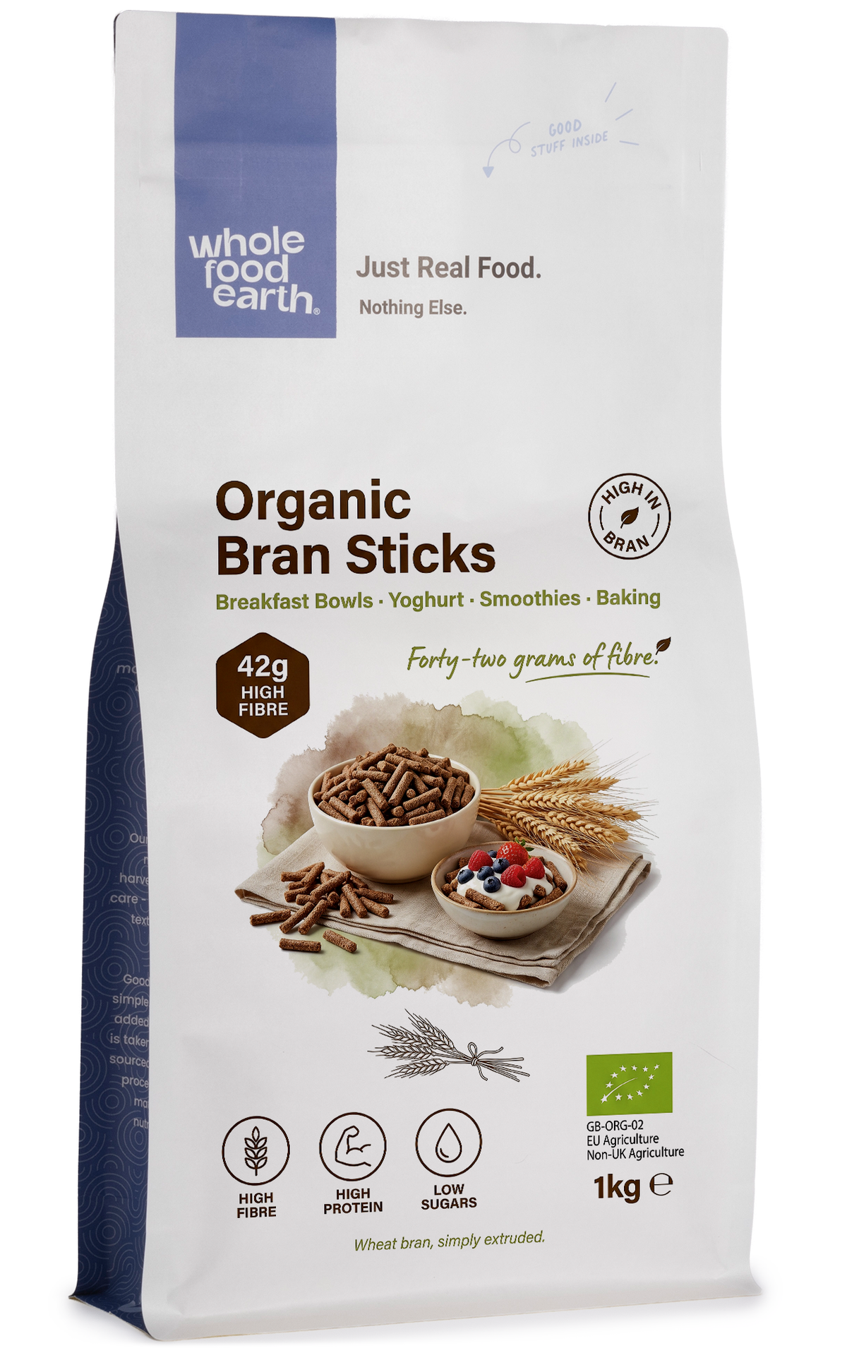 Whole Food Earth organic bran sticks, crunchy whole grain snack in a clear bowl, close-up view of bran sticks on a white background.