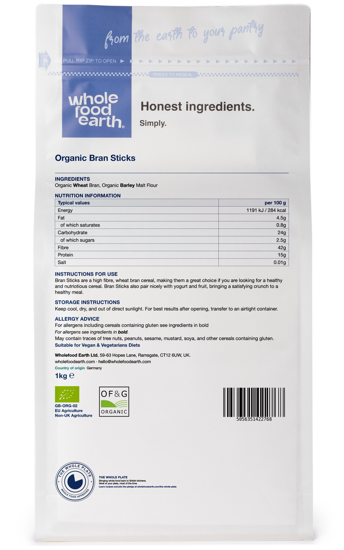Back view of Whole Food Earth organic bran sticks in a clear package, showing the textured, crunchy bran sticks inside.