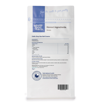 Coarse Celtic Grey Sea Salt from Whole Food Earth, unrefined mineral salt crystals with a grey hue, shown in a 3D back view image.