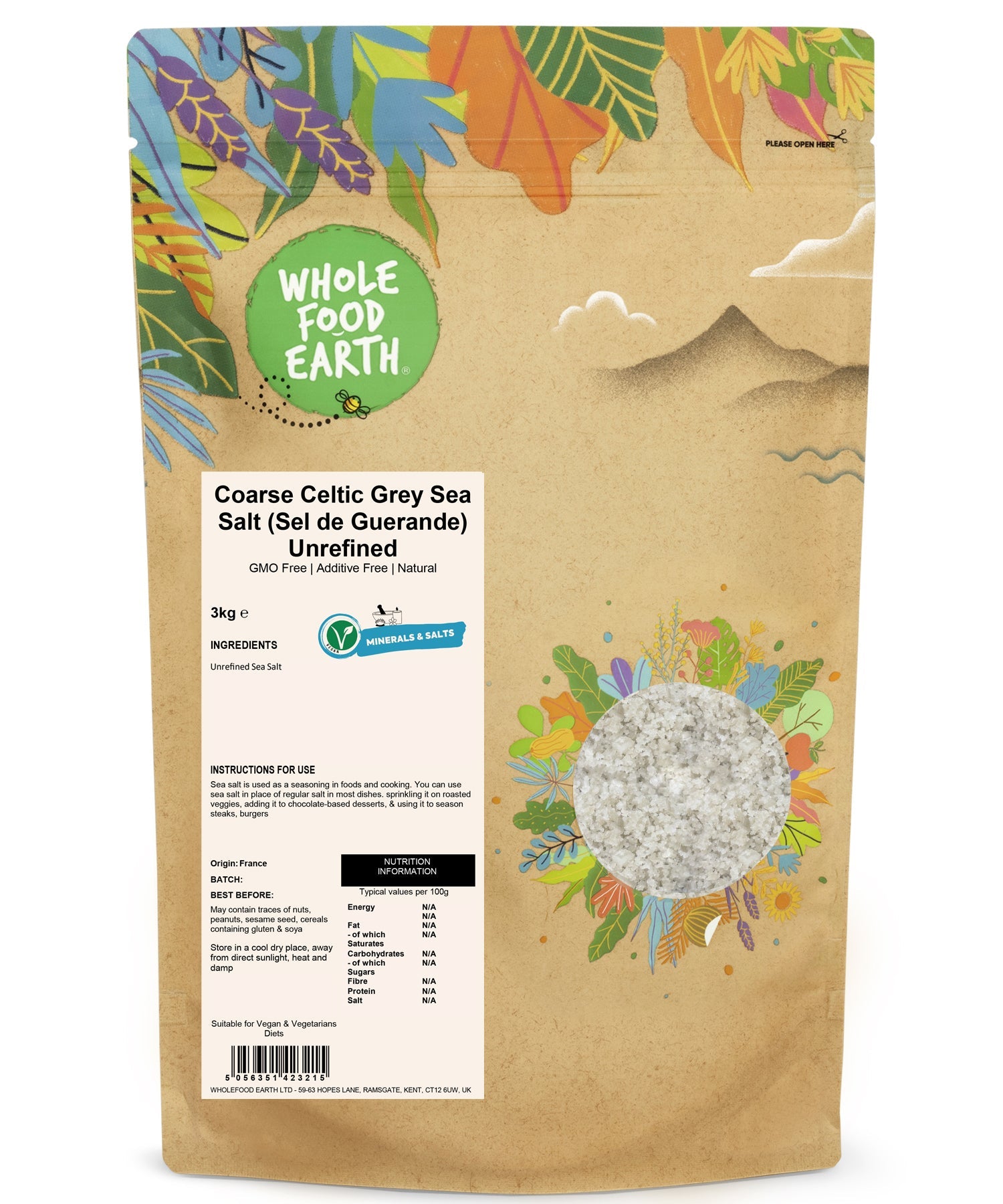 Celtic Grey Sea Salt Coarse from Whole Food Earth, unrefined mineral salt with grey sea salt crystals, natural and coarse textured.