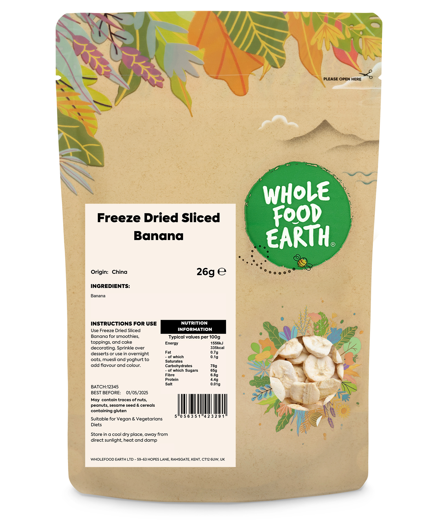 Freeze dried sliced banana from Whole Food Earth, a natural dried fruit snack with crispy banana slices.